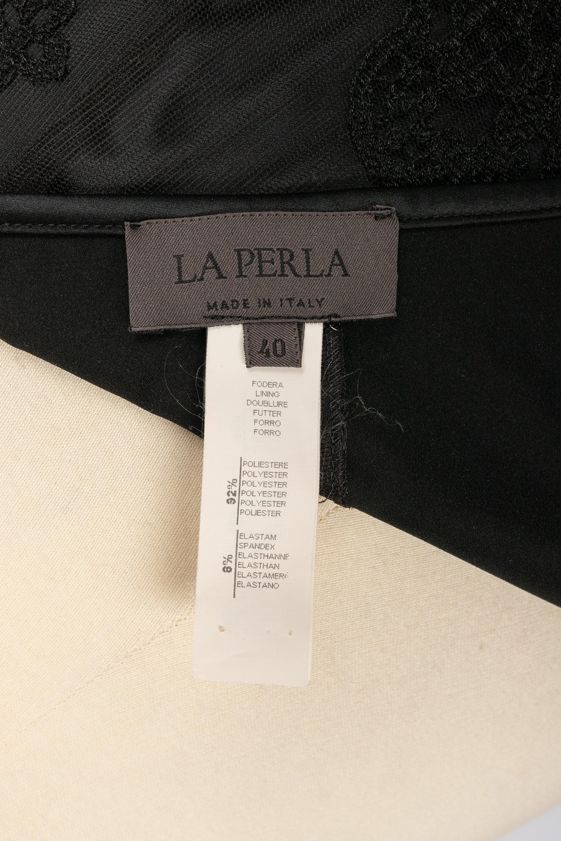La Perla Black Satin Pants Enlivened with a Tulle Embroidered with Patterns For Sale 3