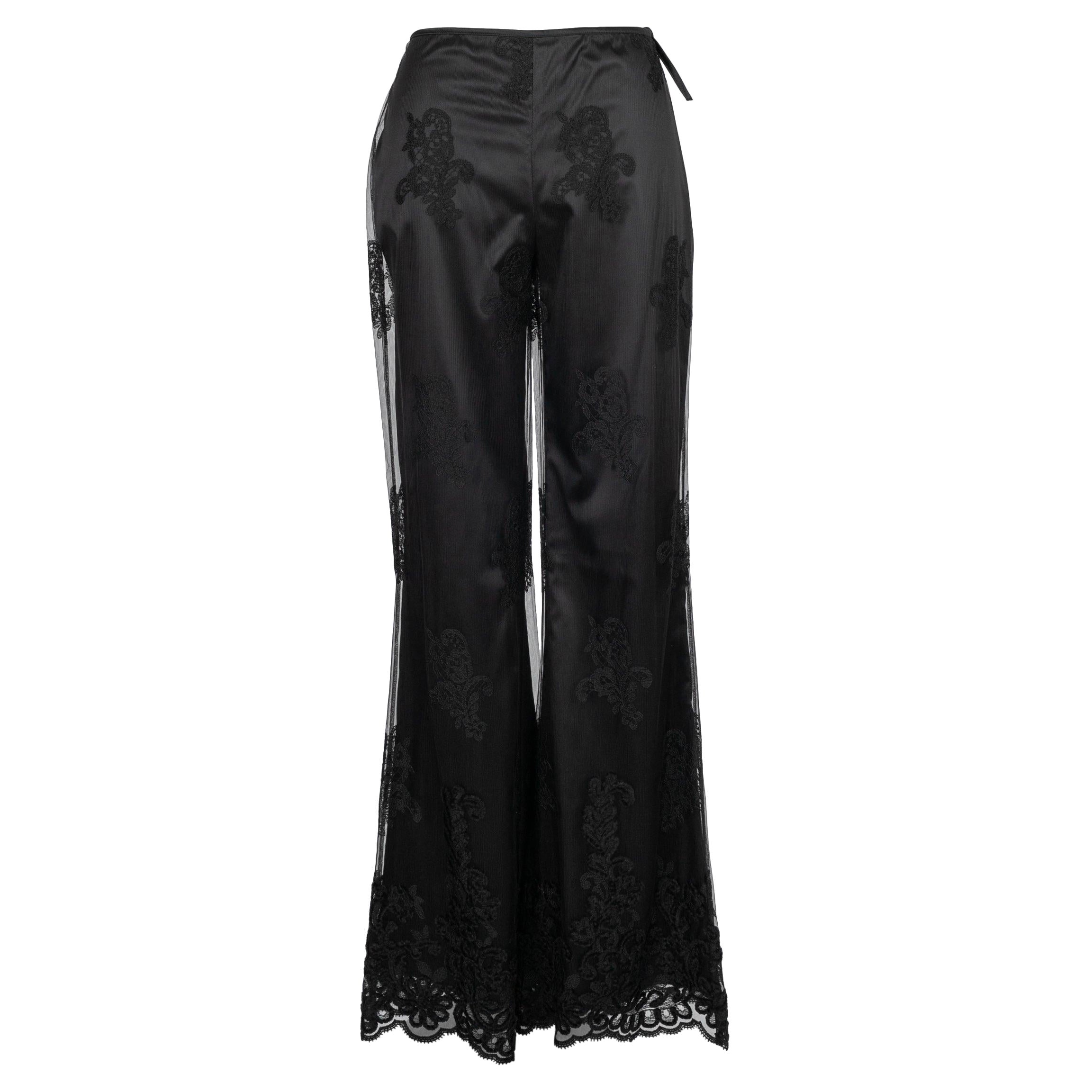 La Perla Schwarze Satinhose aus Satin, belebt mit einem mit Mustern bestickten Tüll