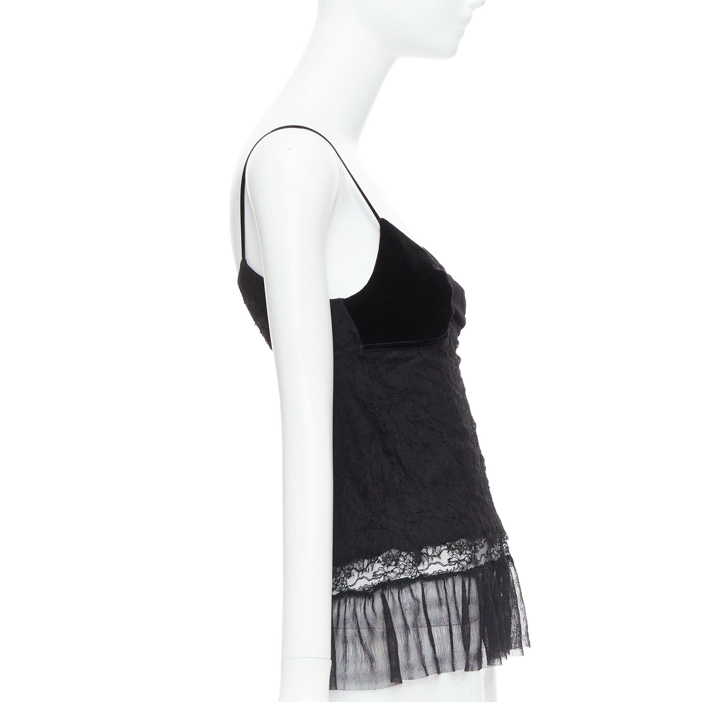 LA PERLA black silk cotton blend lace velvet negligee camisole top IT40 S In Excellent Condition For Sale In Hong Kong, NT