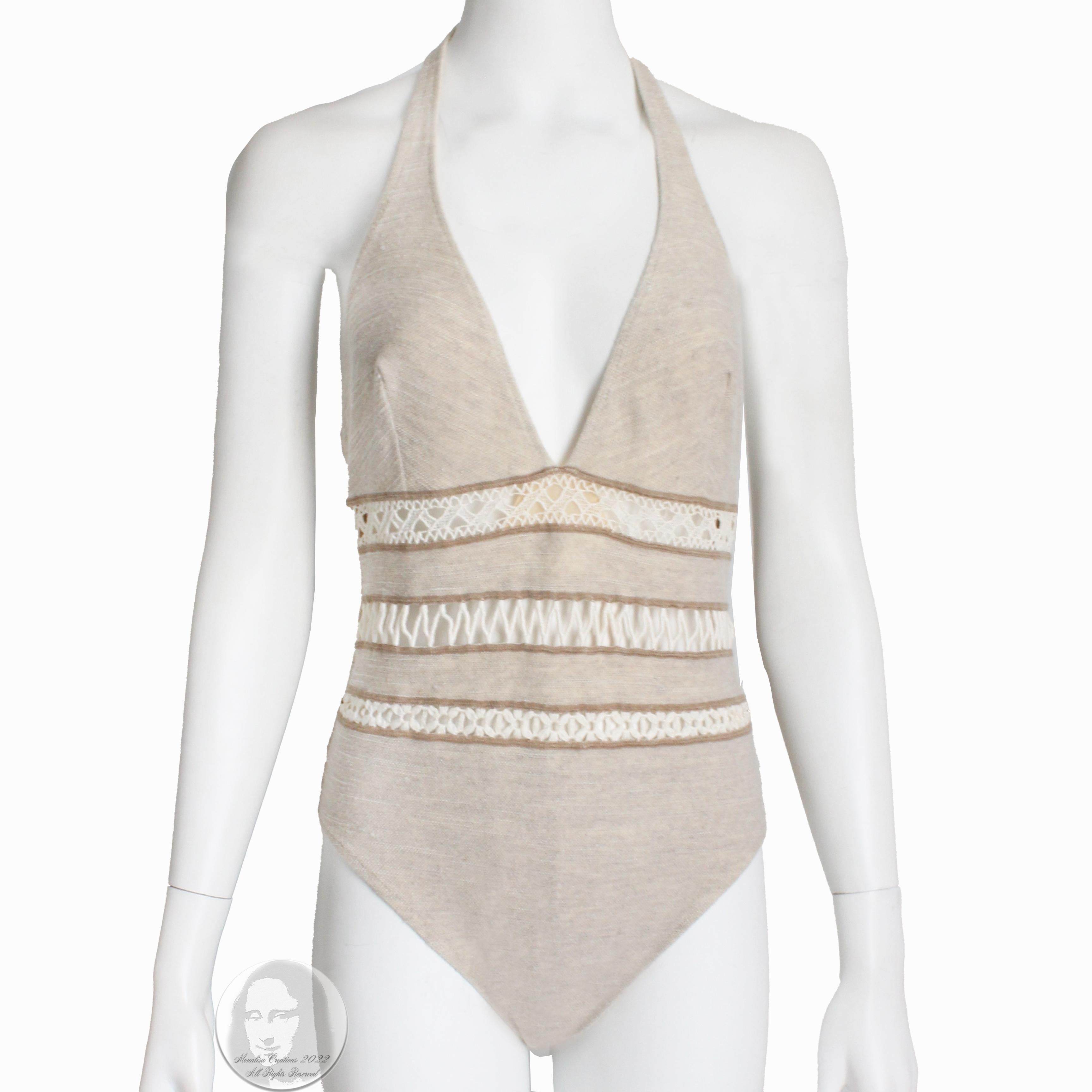 Preowned La Perla body suit or swim suit with halter top, likely made in the 2000s.  Made from a taupe-hued linen/cotton/acrylic/silk blend fabric, it features macrame inserts and a halter tie fastener.  A fabulous piece that's easy to wear and