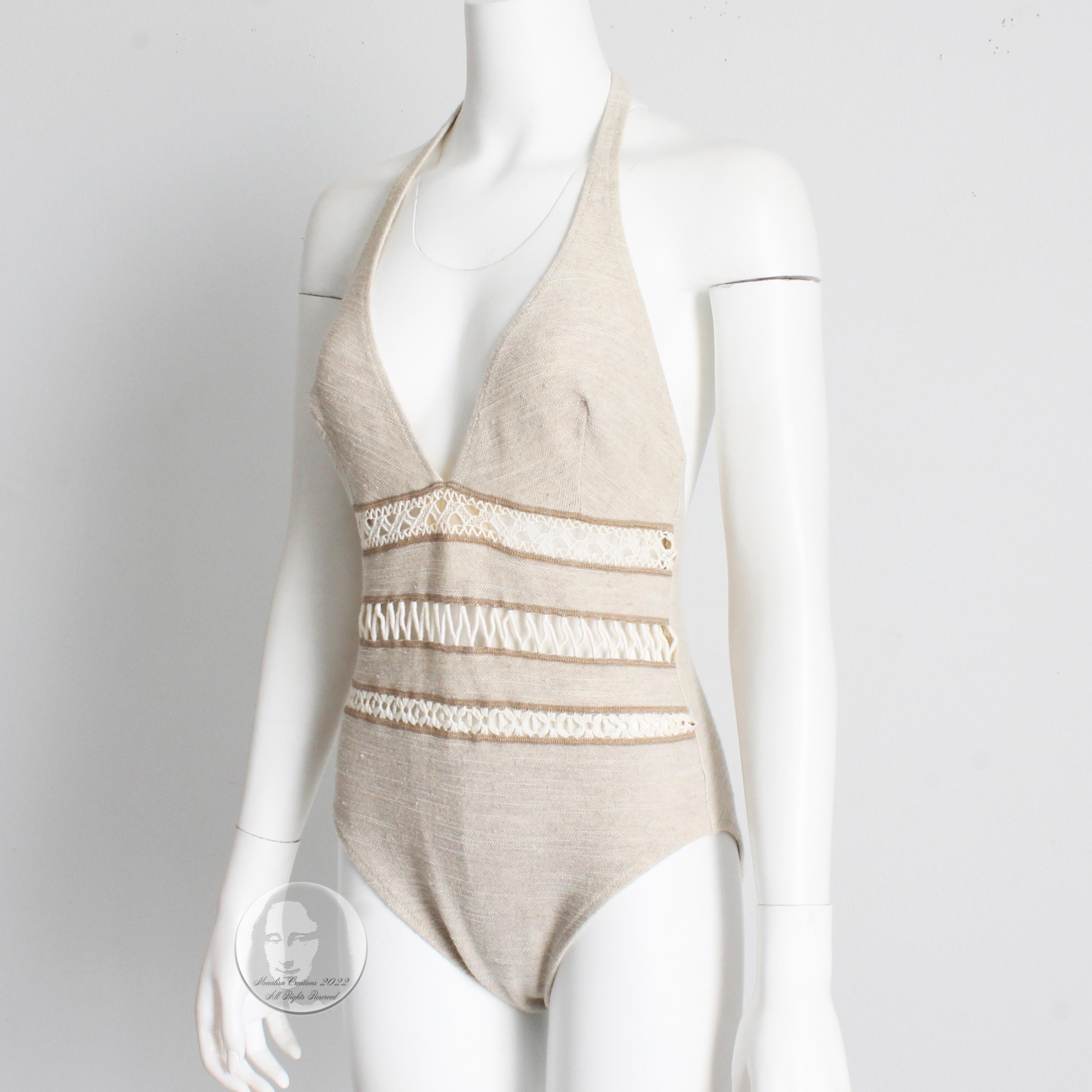 Women's La Perla Bodysuit Swimsuit Halter Linen Macrame Size 48 For Sale