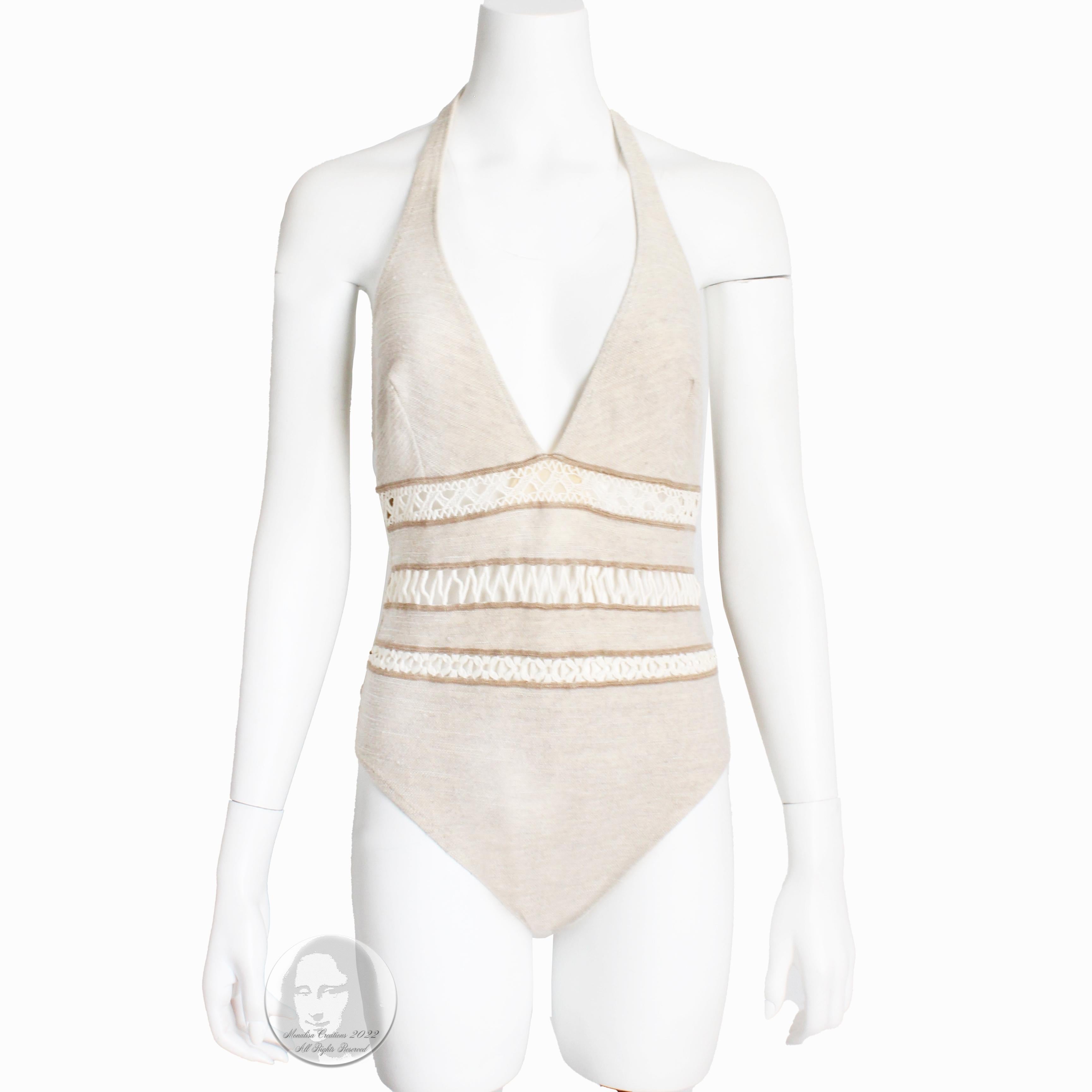 La Perla Bodysuit Swimsuit Halter Linen Macrame Size 48 For Sale 1