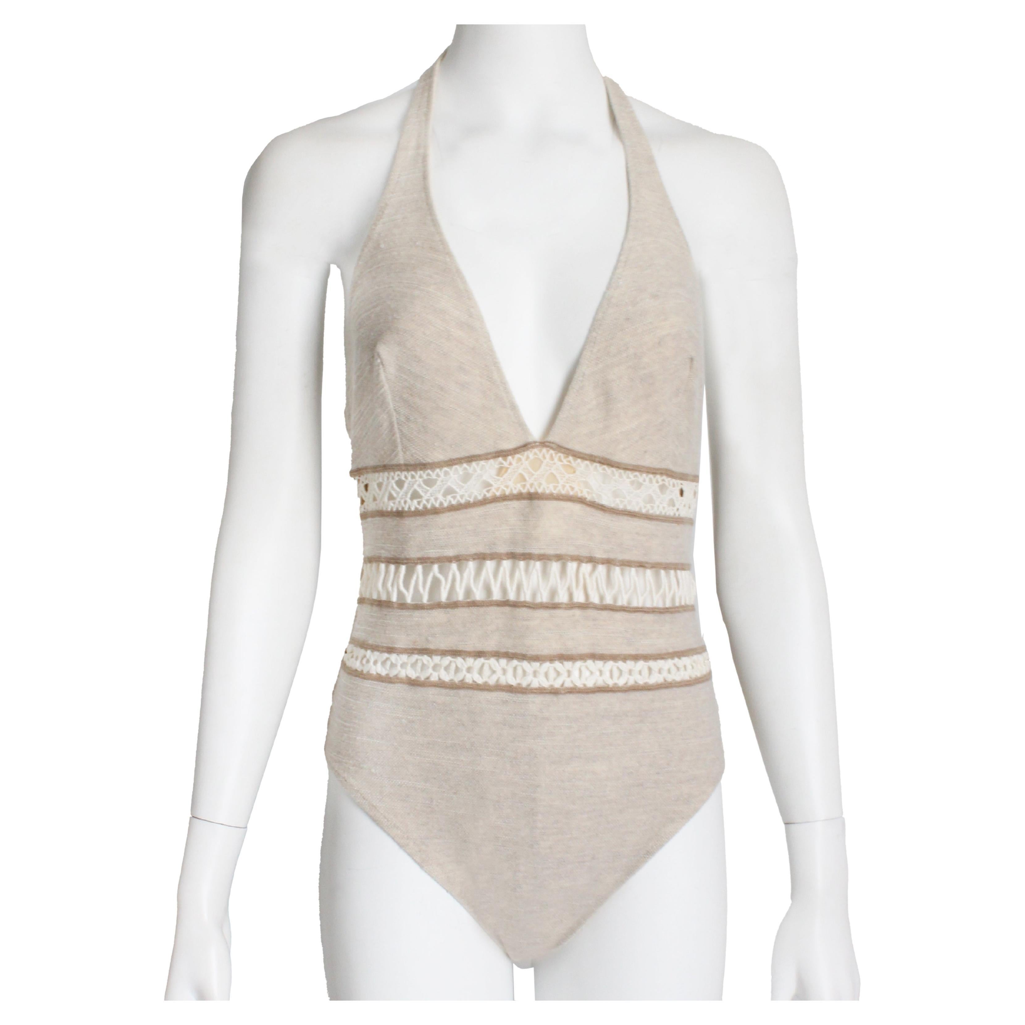 La Perla Bodysuit Swimsuit Halter Linen Macrame Size 48 For Sale