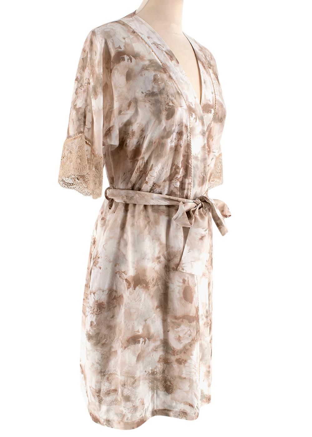 Beige La Perla Floral Print Nude Night Dress & Robe - Size US 6-8 For Sale