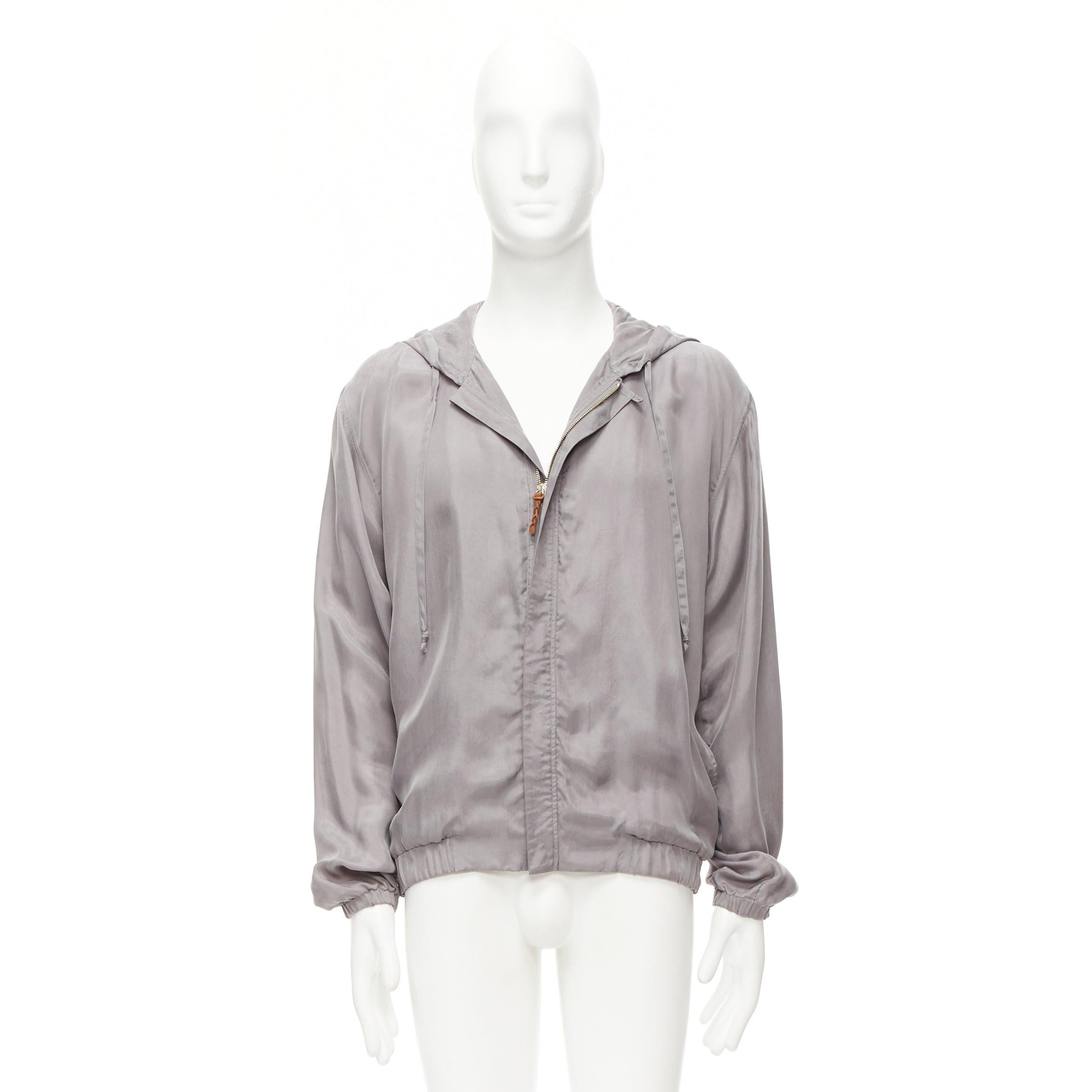 LA PERLA grey silky invisible zipper brown leather tab elastic cuff hoodie M 6