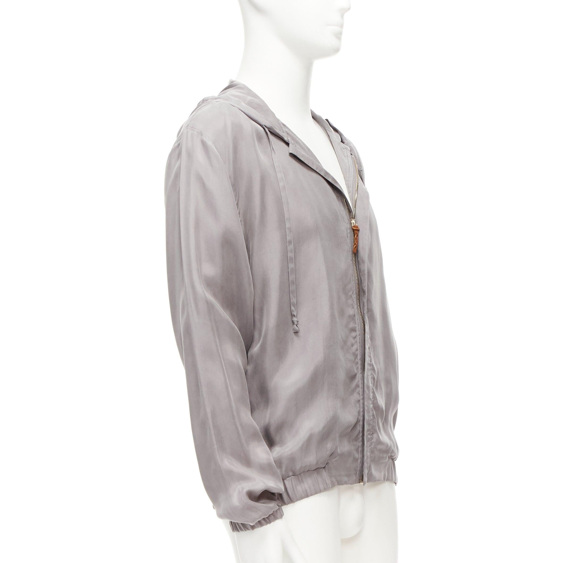 LA PERLA grey silky invisible zipper brown leather tab elastic cuff hoodie M In Fair Condition In Hong Kong, NT