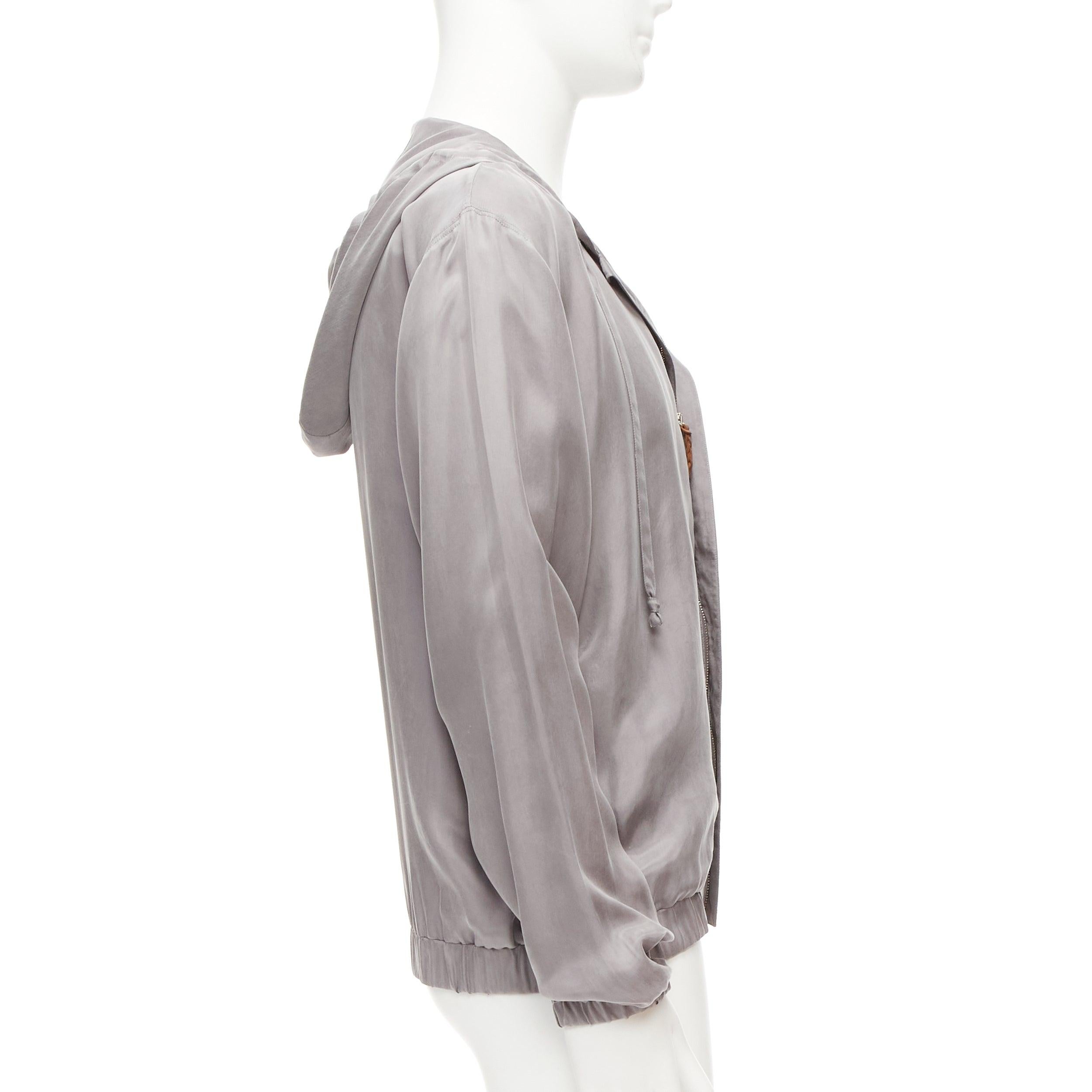 Men's LA PERLA grey silky invisible zipper brown leather tab elastic cuff hoodie M