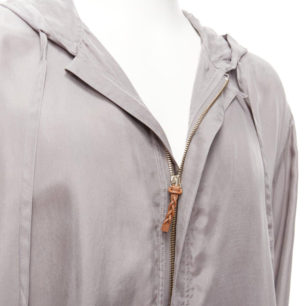 LA PERLA grey silky invisible zipper brown leather tab elastic cuff hoodie M 3