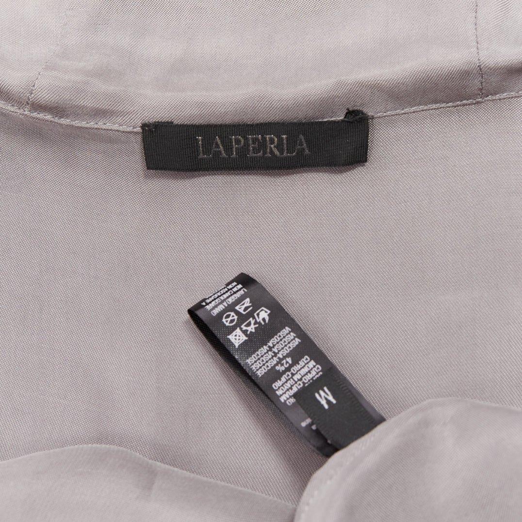 LA PERLA grey silky invisible zipper brown leather tab elastic cuff hoodie M 5