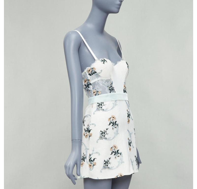 LA PERLA Hampton Court mini vestido de encaje floral de seda verde menta IT38B XS Blanco en venta