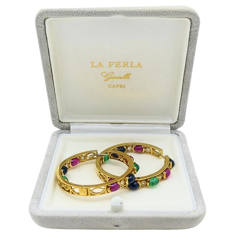 La Perla Hoop Ohrringe 18k Gold Edelstein Cabochons Diamant im Angebot 1