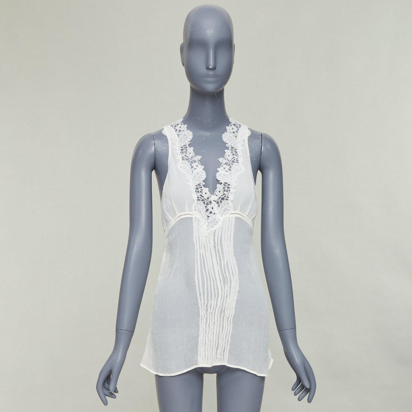 LA PERLA komplizierte florale Spitze trim plissiert tief V zurück ausgeschnitten Tank Top Sz1 XS im Angebot 4