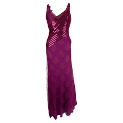 Vintage La Perla Magenta Pink Lace and Sequin Gown, 1999