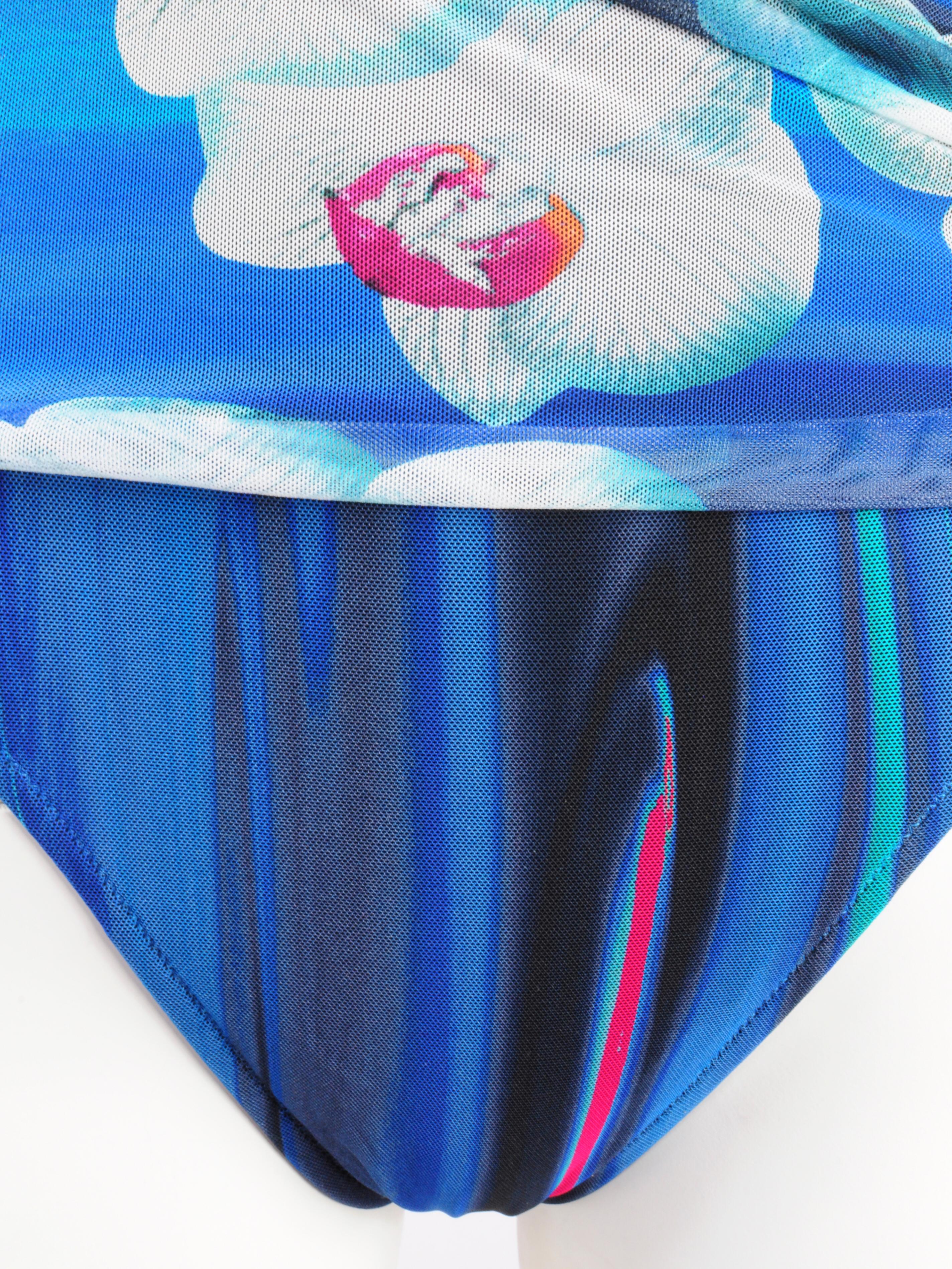 Women's La Perla Mesh Swimsuit Bodysuit Draped Futuristic Orchid Flower Blue Print 2000s For Sale