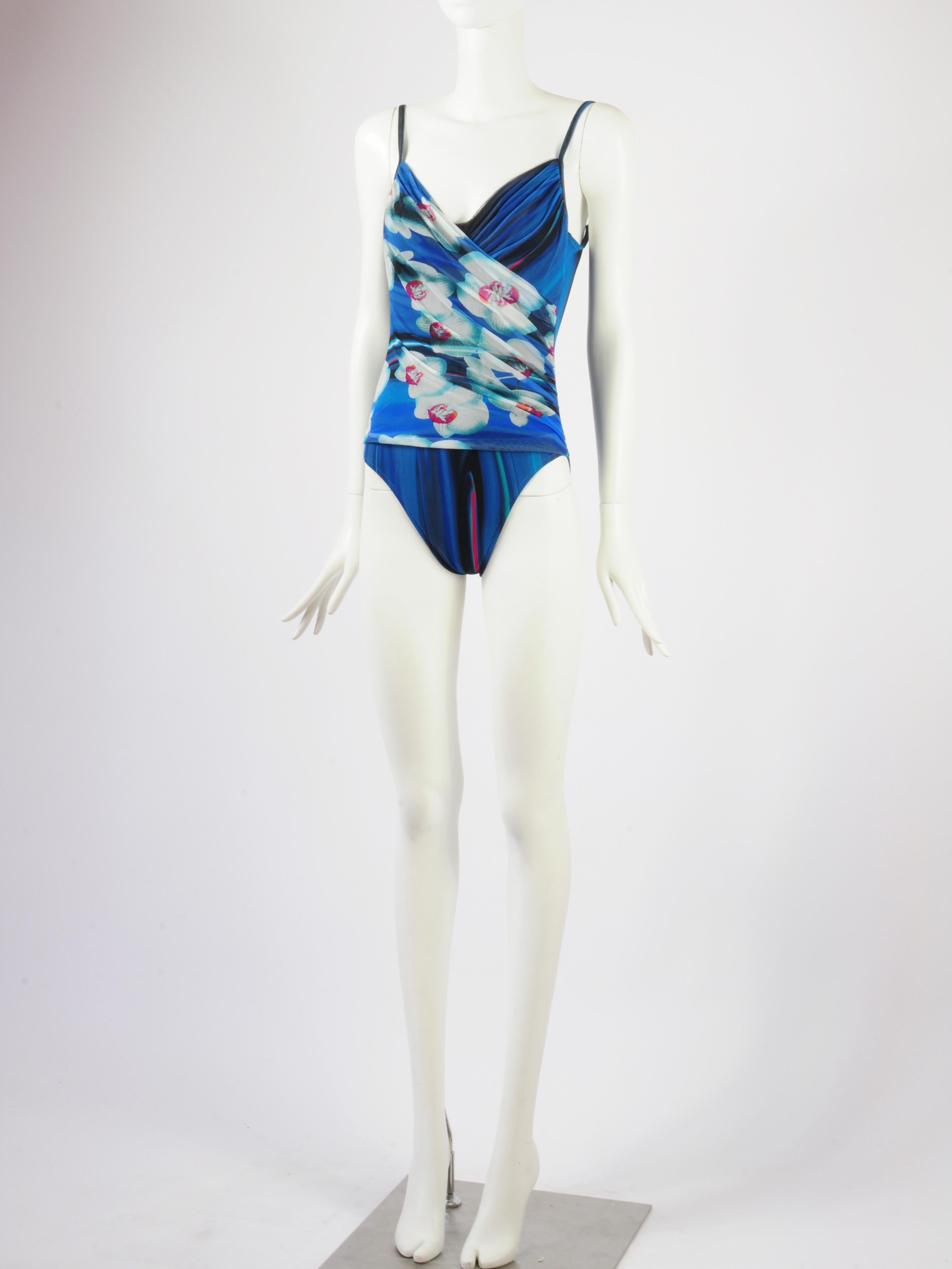 La Perla Mesh Swimsuit Bodysuit Draped Futuristic Orchid Flower Blue Print 2000s For Sale 2