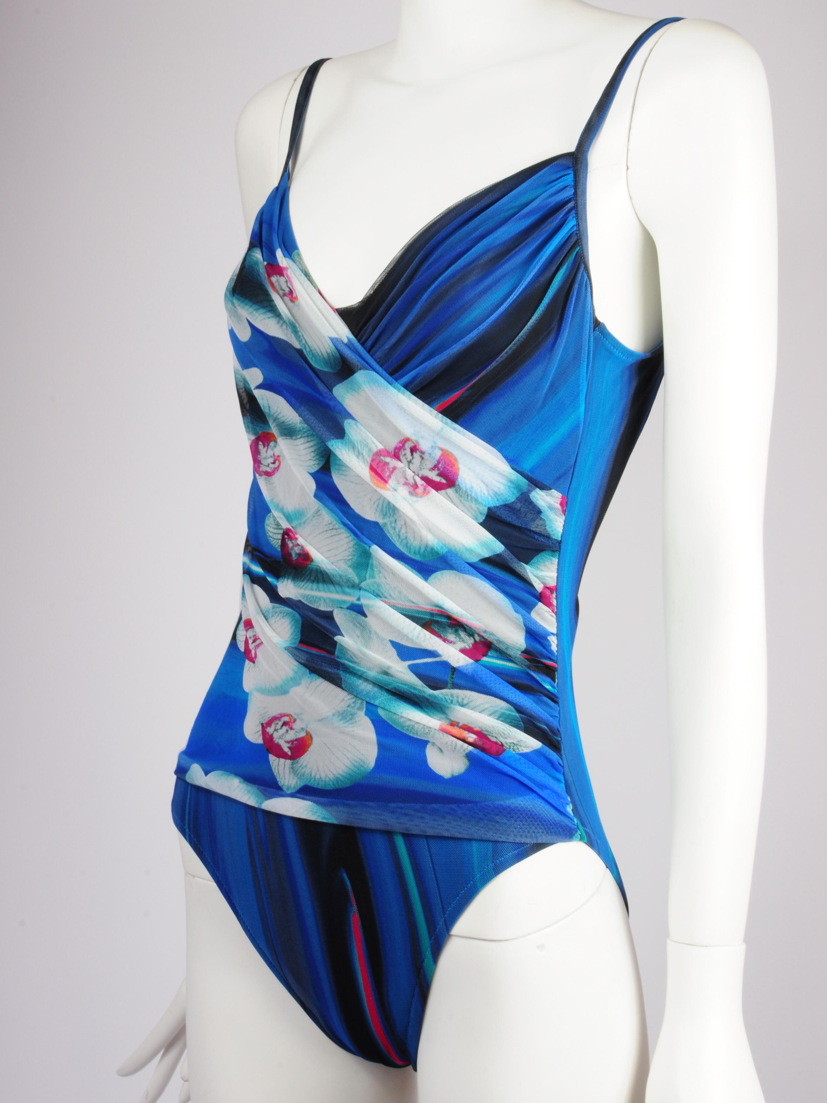 La Perla Mesh Swimsuit Bodysuit Draped Futuristic Orchid Flower Blue Print 2000s For Sale 3