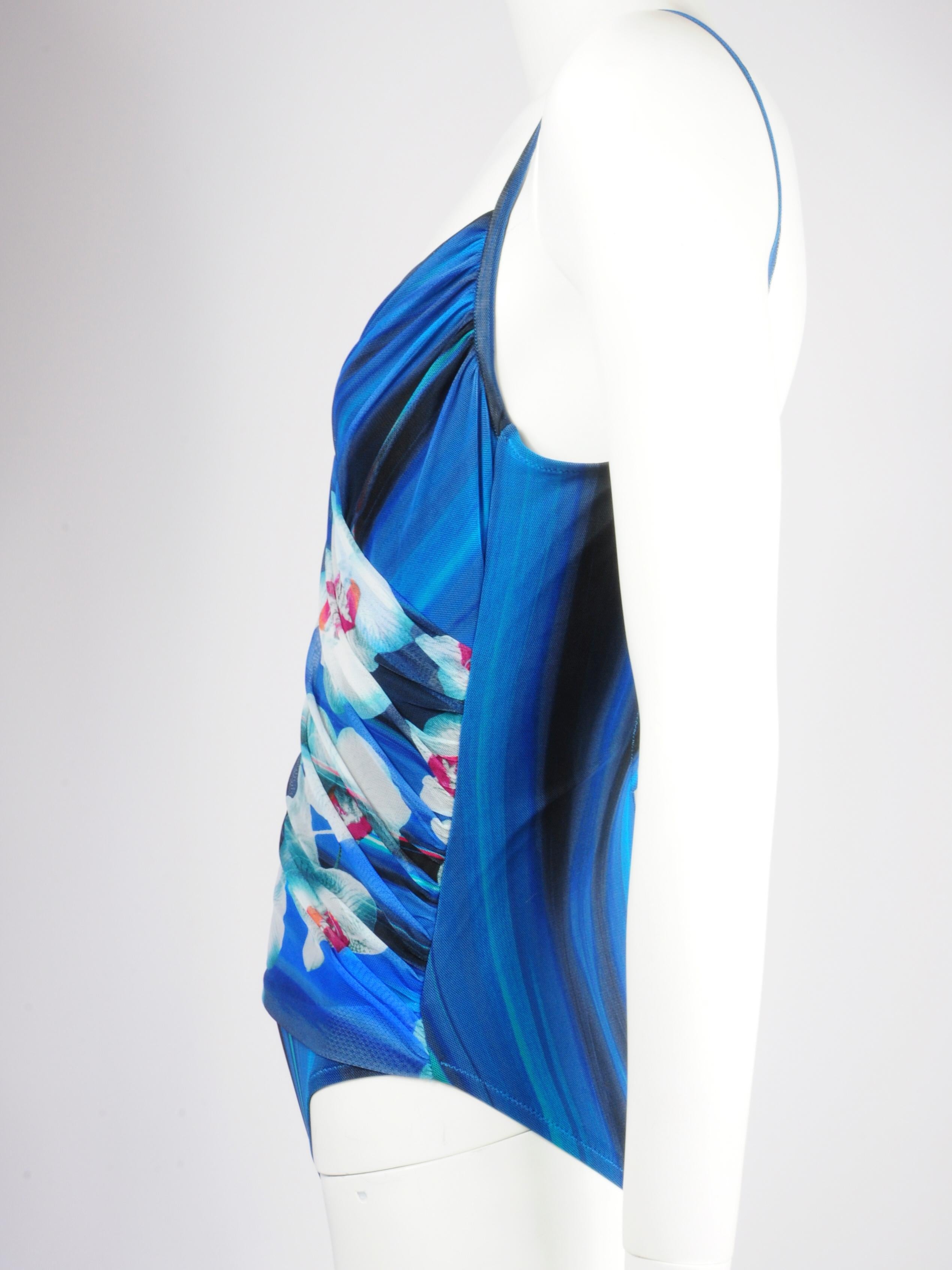 La Perla Mesh Swimsuit Bodysuit Draped Futuristic Orchid Flower Blue Print 2000s For Sale 4