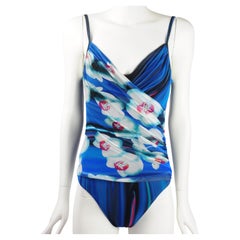 La Perla Mesh Swimsuit Bodysuit Draped Futuristic Orchid Flower Blue Print 2000s