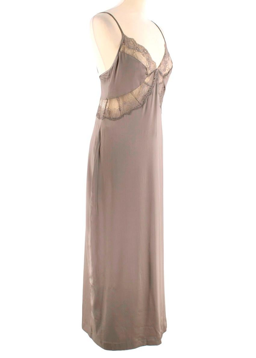 La Perla Mushroom Lace Trim Silk Slip Dress

- Spaghetti strap 
- V neck
- Lace inserts
- Slip silhouette
- Single slit at the back

Material
- 95% silk, 5% elastane
- Lace: 100% nylon
- Handwash

Made in China

Please note, these items are