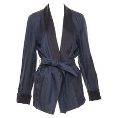 LA PERLA navy textured chevron jacquard silk satin shawl lapel smoking jacket