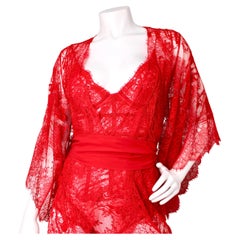 La Perla Runway Red Beaded Lace Lingerie Bodysuit & Robe Set