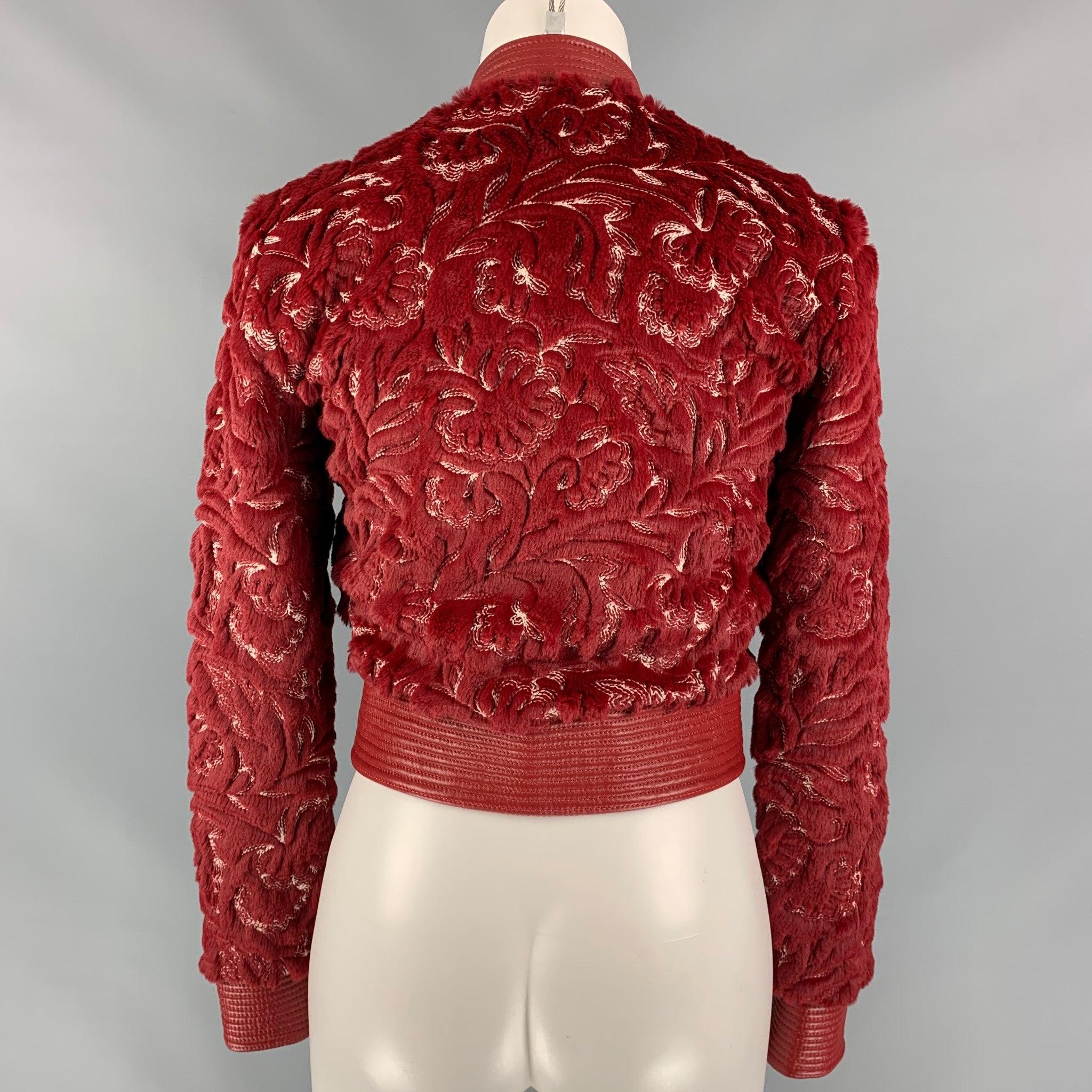 Women's LA PERLA Size 0 Red & White Faux Fur Polyester/Cotton Embroidered Bomber Jacket For Sale