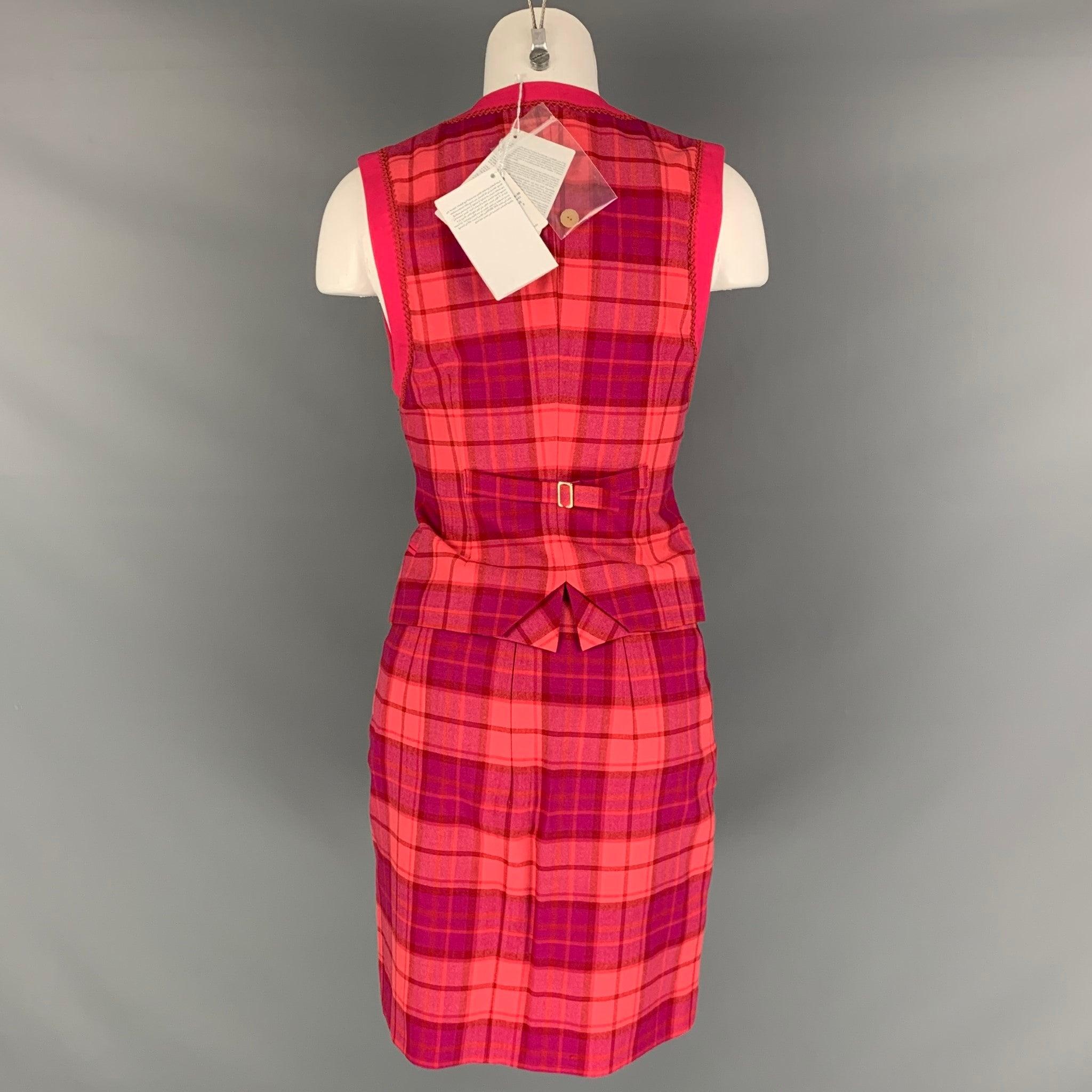 LA PERLA Size 2 Red Pink Wool Elastane Plaid Pencil Above Knee Outfits Sets In Excellent Condition In San Francisco, CA