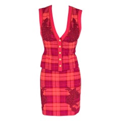 LA PERLA Ensemble de crayons à carreaux en laine élastique rouge et rose au-dessus du genou - Taille 2