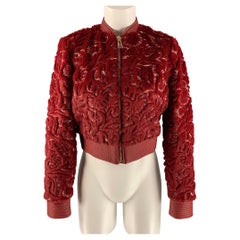 LA PERLA Size 2 Red & White Polyester & Cotton Embroidered Bomber Jacket