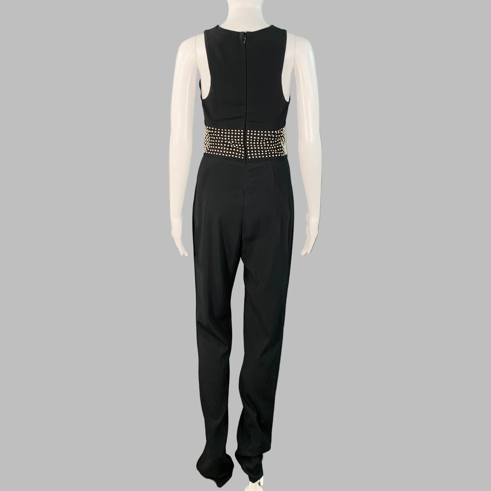 LA PERLA Größe 4 Schwarz Weiß Viskosemischung Kunstperlenverzierung V-Ausschnitt Jumpsuit Damen im Angebot