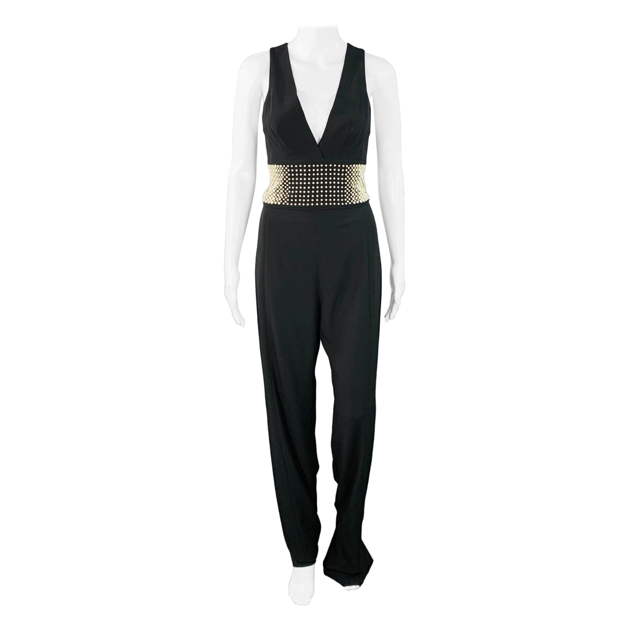 LA PERLA Größe 4 Schwarz Weiß Viskosemischung Kunstperlenverzierung V-Ausschnitt Jumpsuit im Angebot
