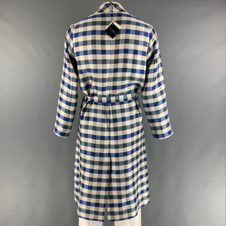 Men's LA PERLA Size L Blue Off White Checkered Silk Linen Belted Robe For Sale