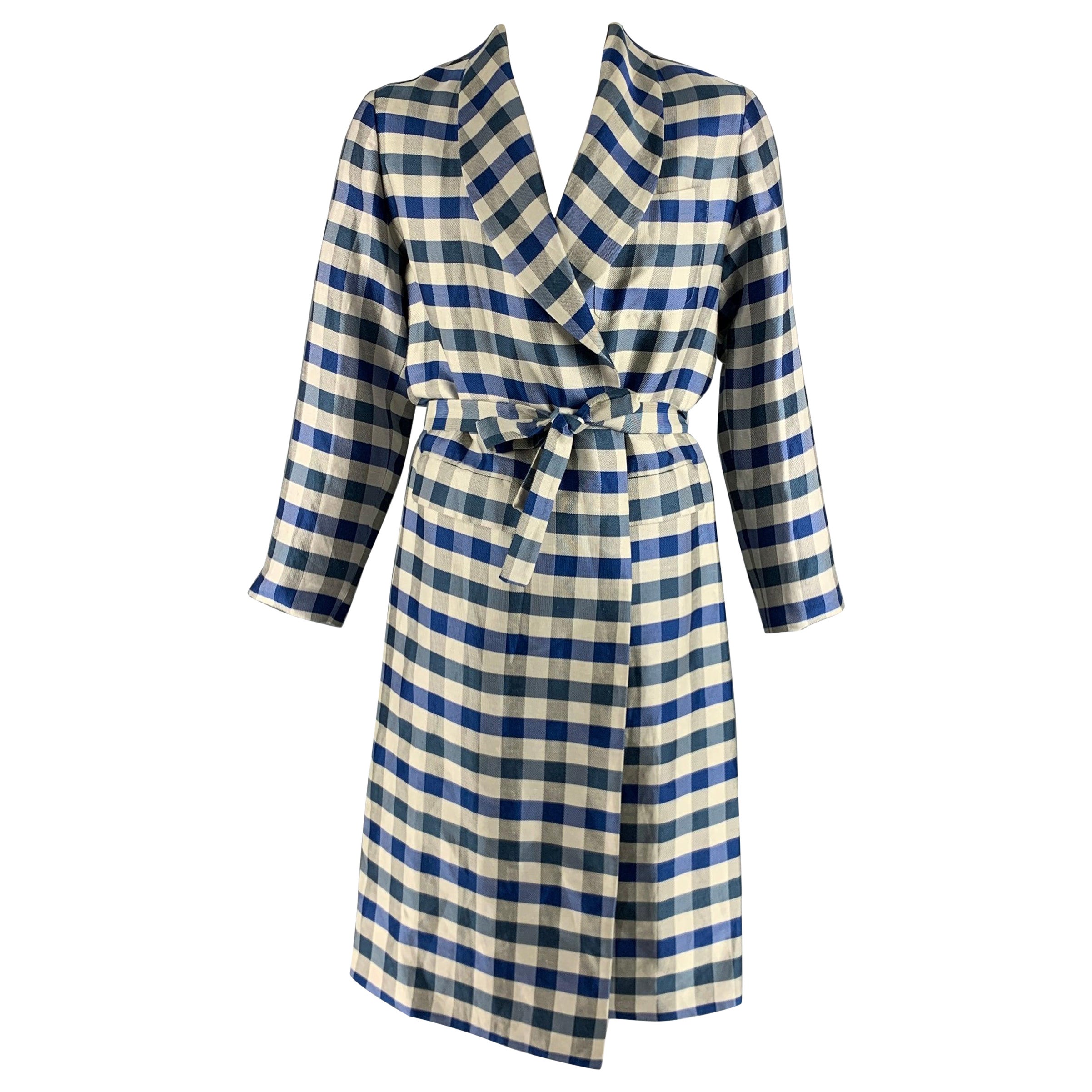 LA PERLA Accappatoio con cintura in seta e lino a scacchi blu off white taglia L in vendita