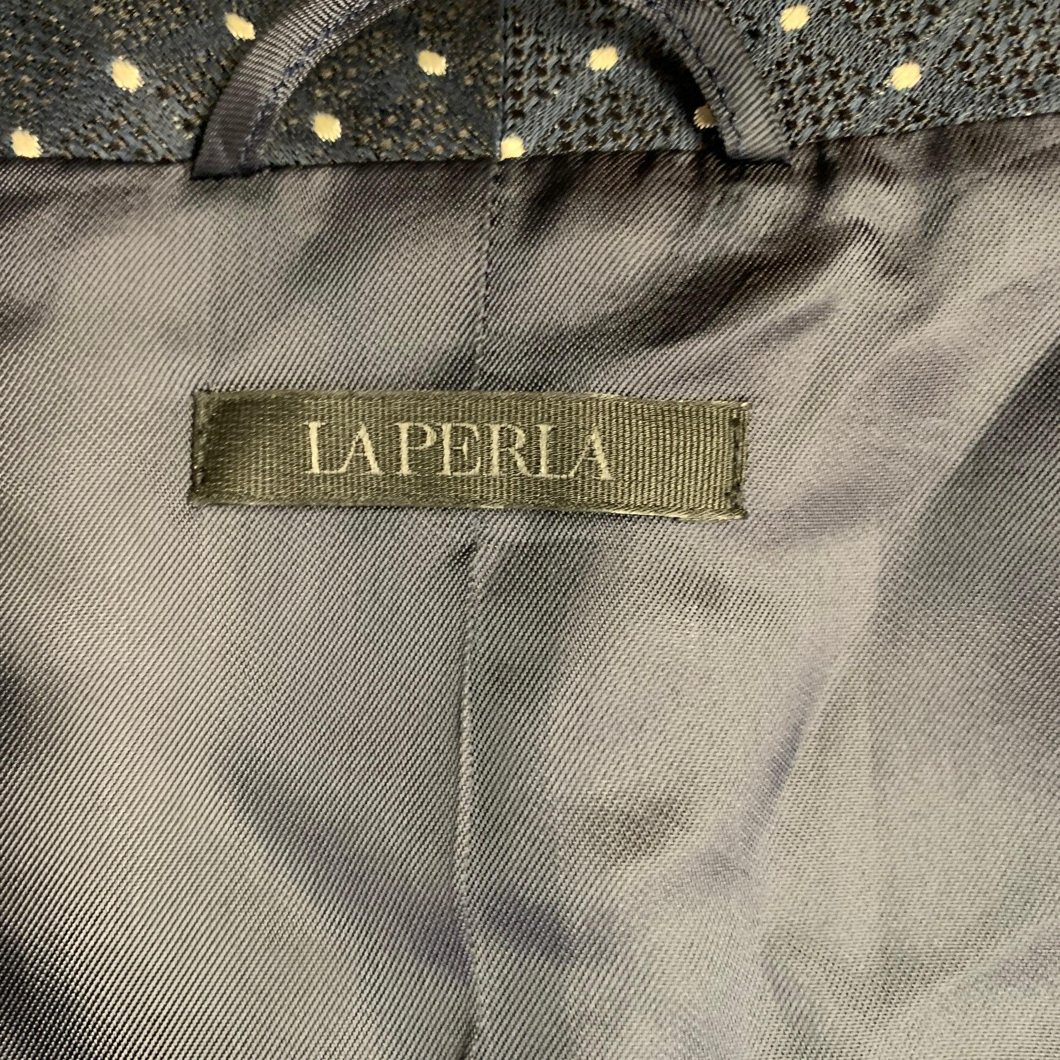 Uomo LA PERLA Accappatoio con collo a scialle in lino e seta, taglia L Navy White Dots in vendita
