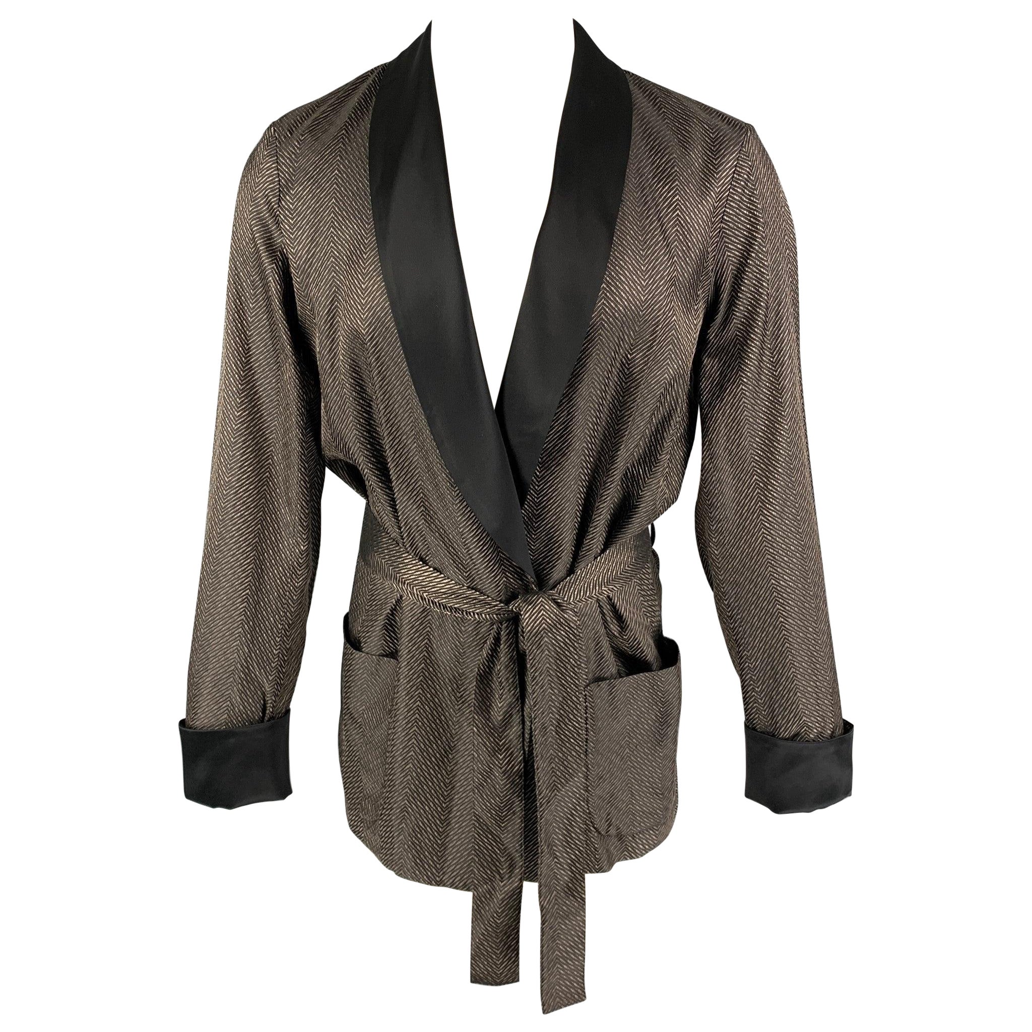 LA PERLA Giacca da fumo con collo a scialle in misto seta jacquard nero marrone taglia M in vendita