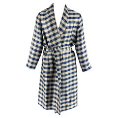 LA PERLA accappatoio con cintura in seta e lino a scacchi blu off white taglia M