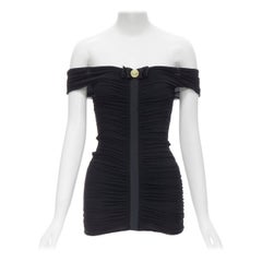 LA PERLA Vintage black gold button bow off shoulder ruched bodycon tunic IT42 M