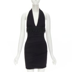 LA PERLA Vintage black head embellished fringe halter ruched mini dress IT42 M