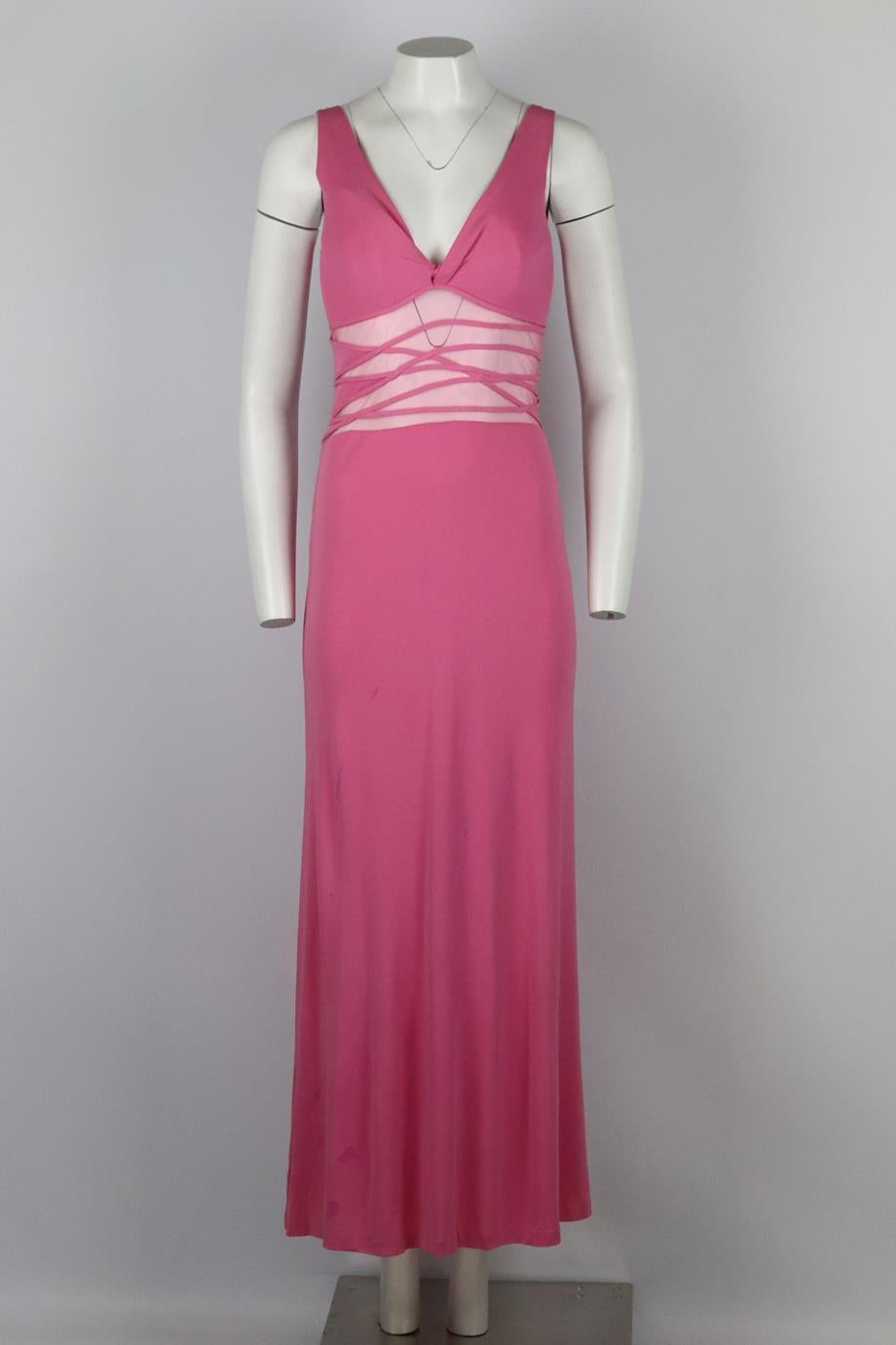 La Perla vintage mesh paneled jersey maxi dress. Pink. Sleeveless, v-neck. Zip fastening at side. 80% Acetate, 20% nylon. Size: IT 44 (UK 12, US 8, FR 40). Bust: 31.8 in. Waist: 27 in. Hips: 42 in. Length: 58 in. Good condition - Some signs of wear;