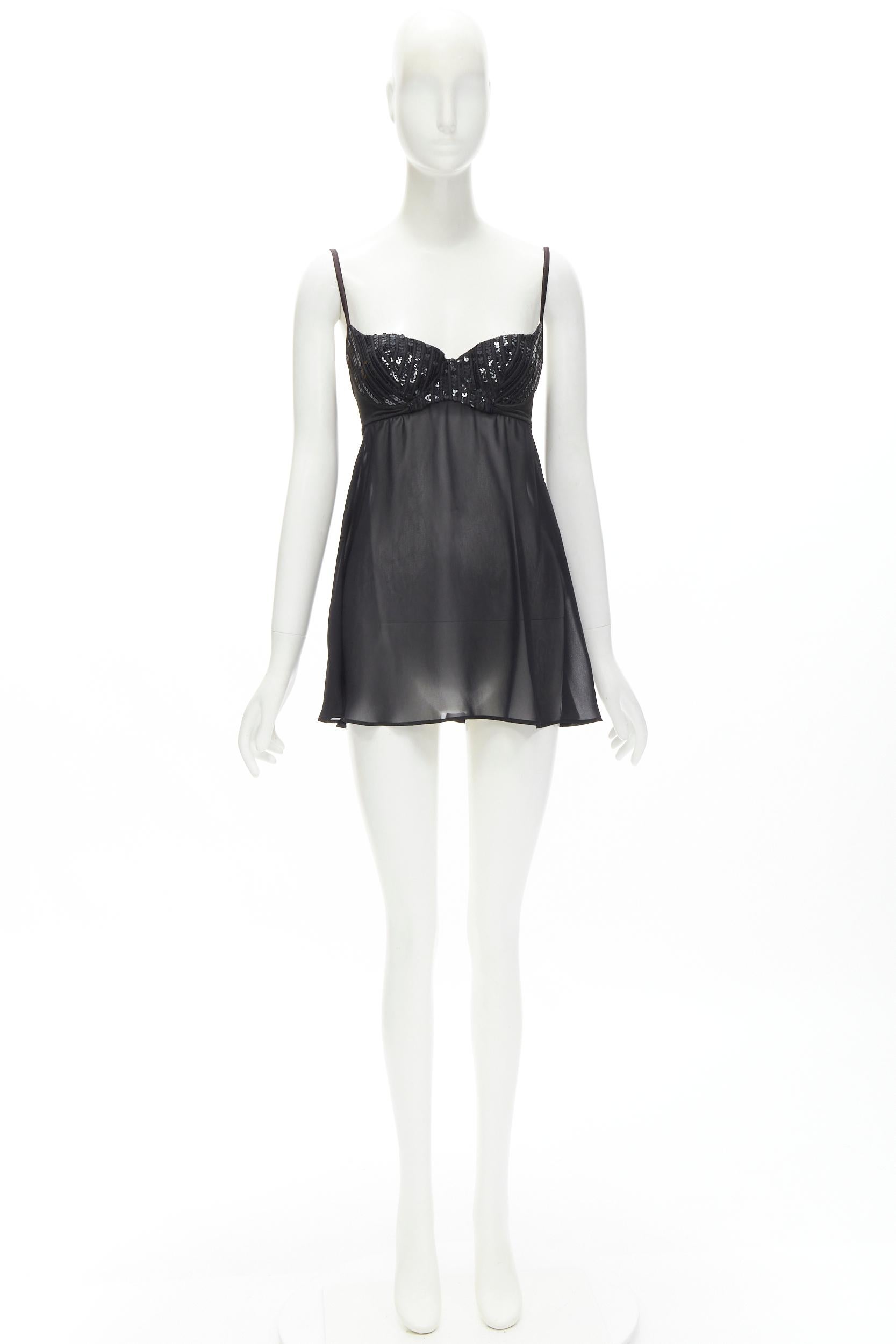 LA PERLA Vintage Ritmo Di Perla black sequins cupped bra sheer negligee top XS For Sale 5
