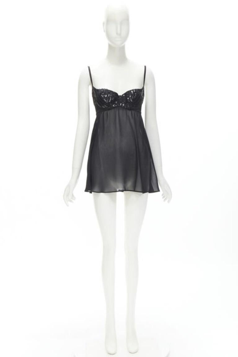 LA PERLA Vintage Ritmo Di Perla Schwarzes durchsichtiges Negligee-Top mit Paillettenschnitt XS im Angebot 6