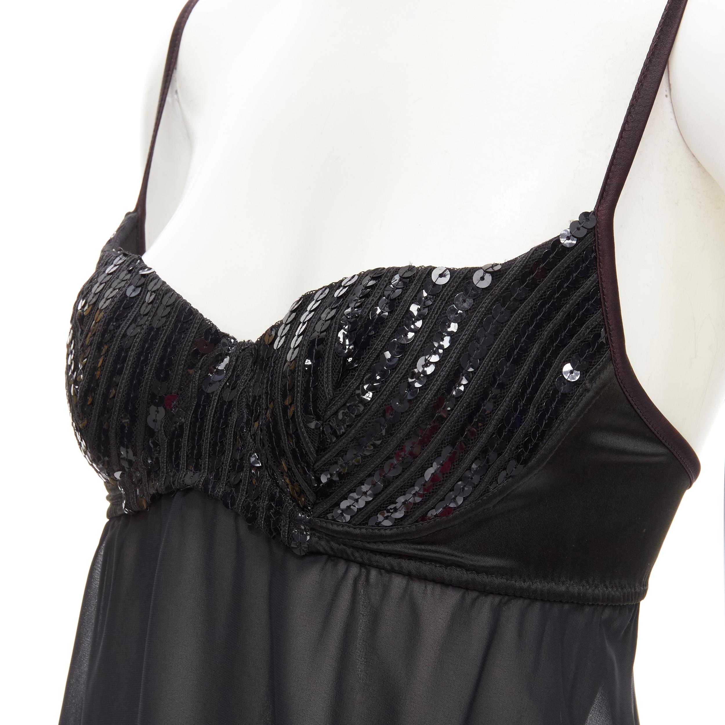 LA PERLA Vintage Ritmo Di Perla black sequins cupped bra sheer negligee top XS 
Reference: ANWU/A00488 
Brand: Ritmo Di Perla 
Color: Black 
Pattern: Solid 
Closure: Hook & Eye 
Extra Detail: Black sequins bust. Structured bust cup. Sheer neglige.