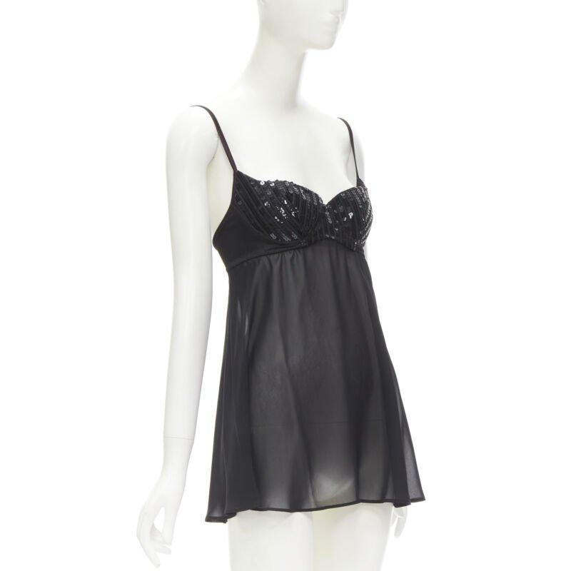 LA PERLA Vintage Ritmo Di Perla Schwarzes durchsichtiges Negligee-Top mit Paillettenschnitt XS im Zustand „Hervorragend“ im Angebot in Hong Kong, NT