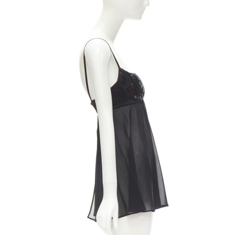 LA PERLA Vintage Ritmo Di Perla Schwarzes durchsichtiges Negligee-Top mit Paillettenschnitt XS Damen im Angebot
