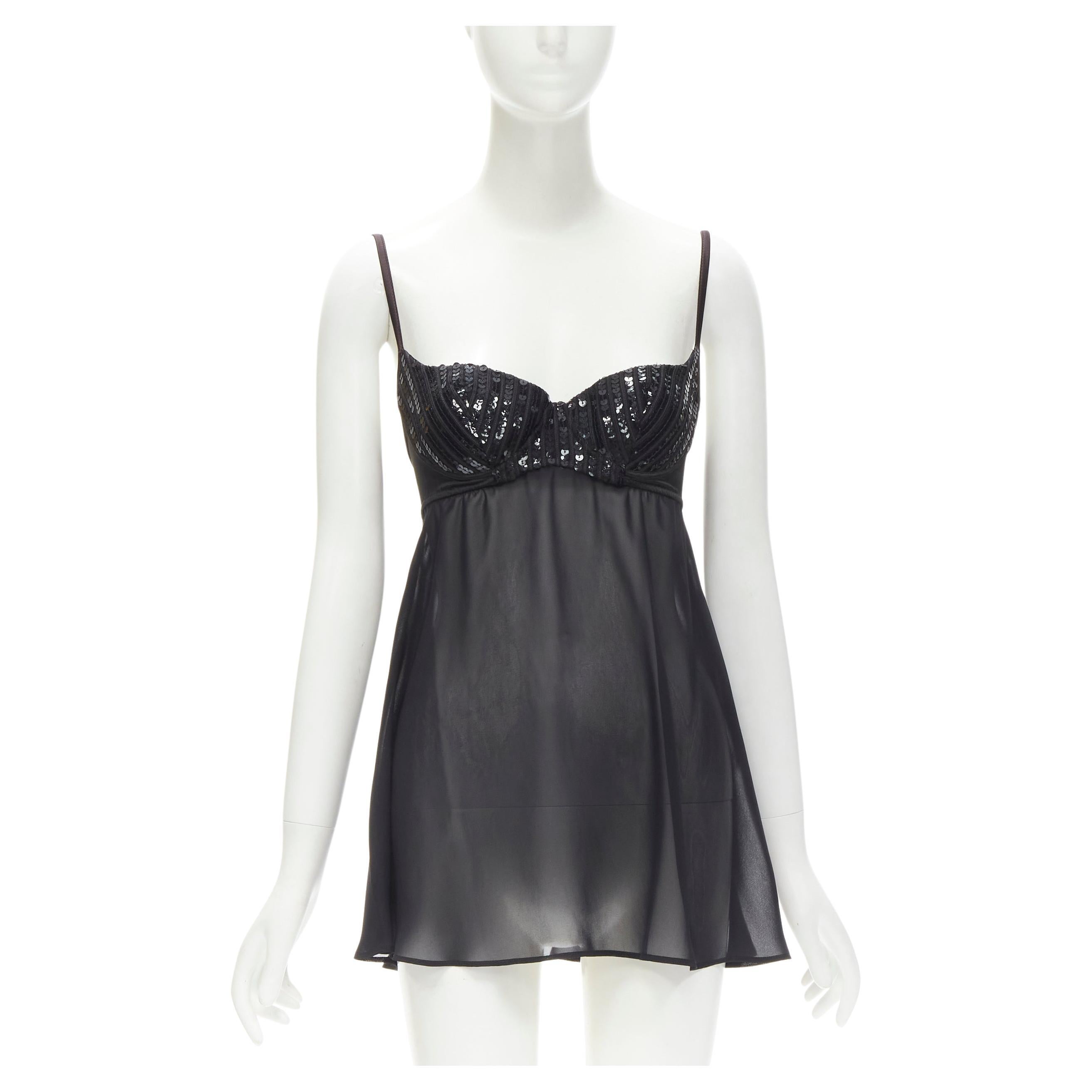 LA PERLA Vintage Ritmo Di Perla black sequins cupped bra sheer negligee top XS For Sale