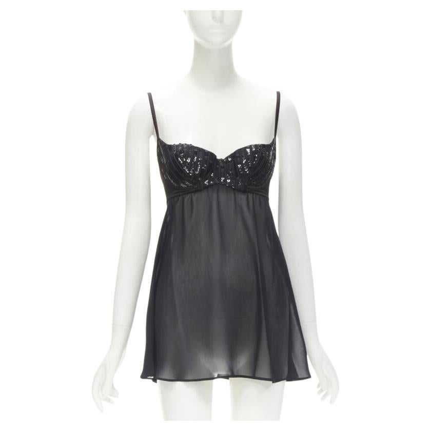 LA PERLA Vintage Ritmo Di Perla Schwarzes durchsichtiges Negligee-Top mit Paillettenschnitt XS im Angebot