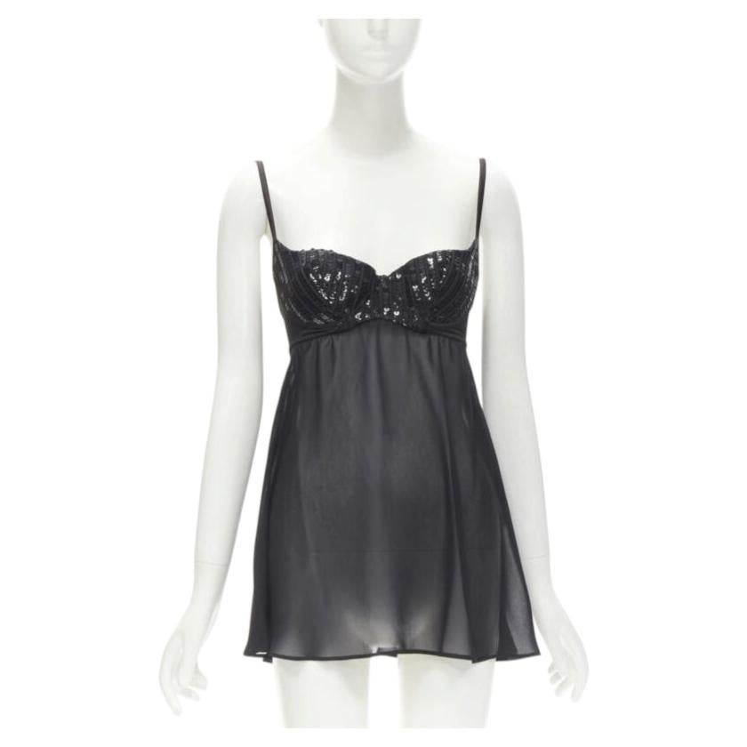 LA PERLA Vintage Ritmo Di Perla black sequins cupped bra sheer negligee top XS