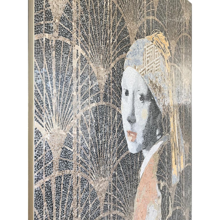 Stunningly crafted from an array of beautiful marble varieties, the La Perle Mosaic artwork, from the Rewind Masterpiece Collection, is a Mighali Faggiano design featuring 24-karat gold glass inserts. It is handcrafted using the Micropalladiana