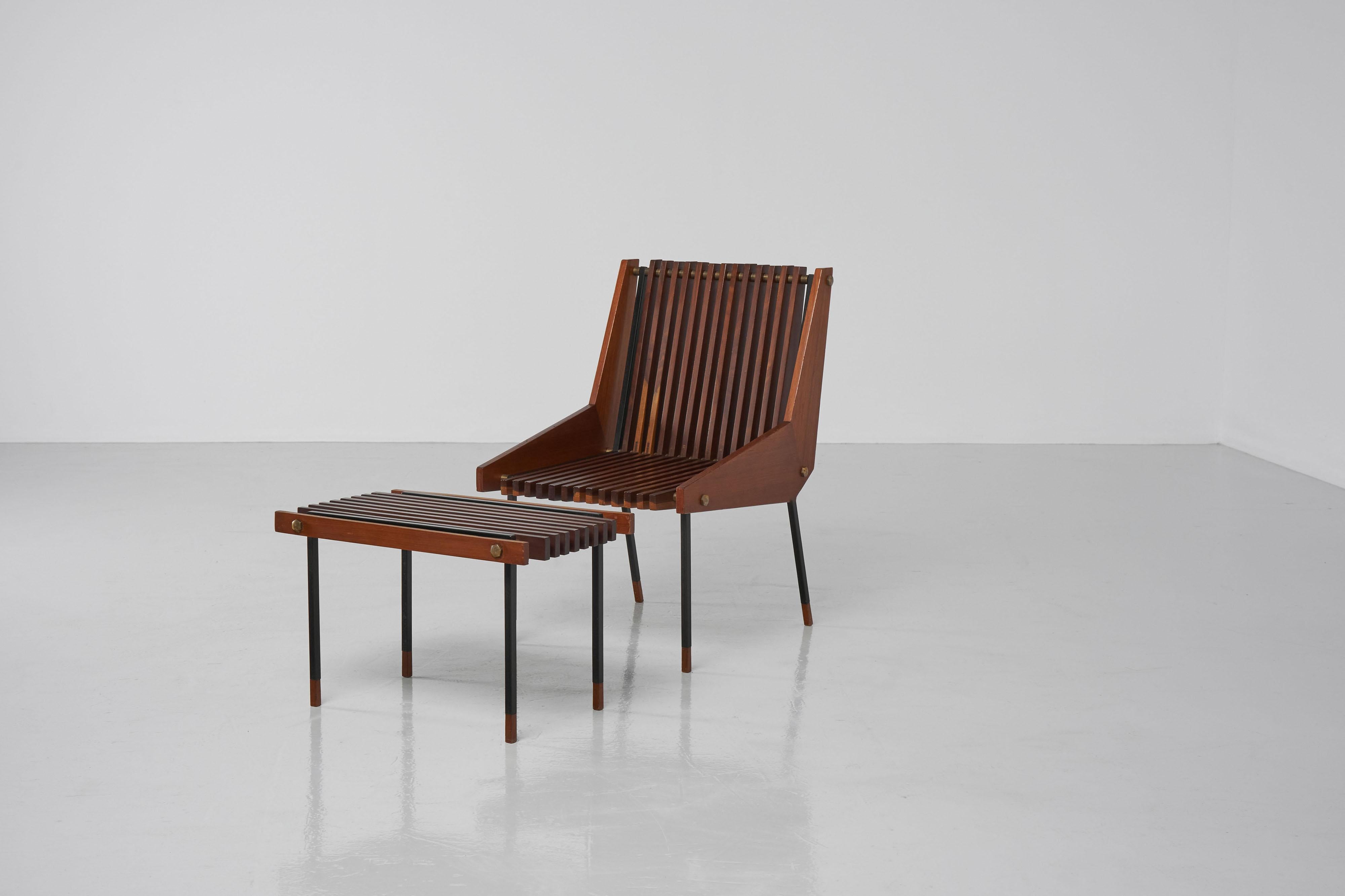 Nice set of a small lounge chair with matching stool manufactured by La Permanente Cantu, Italy 1955. This beautifully crafted stool has a solid teak wooden structure which is connected by brass bars that centralize the teak wooden slats in