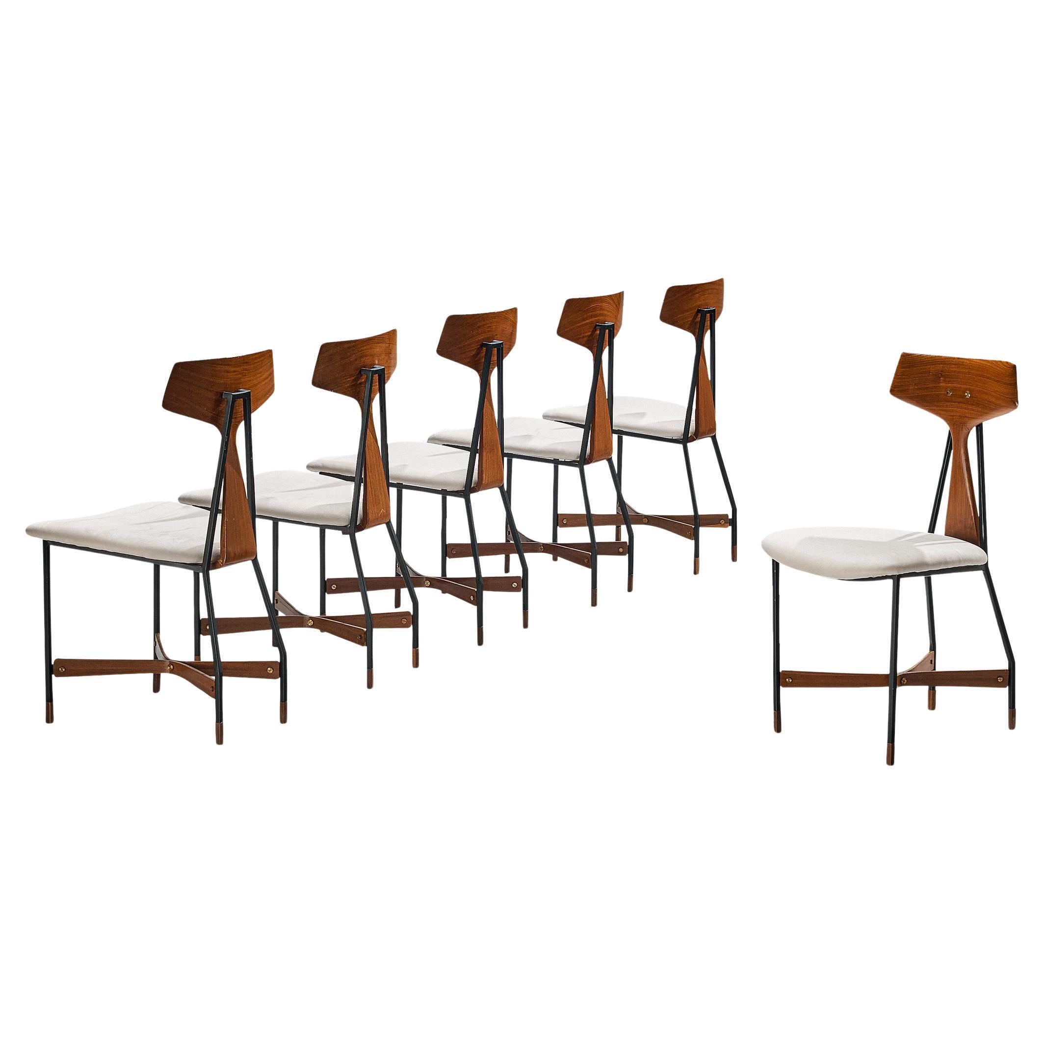 La Permanente Mobili Cantù Set of Six Dining Chairs in Teak and Metal  For Sale